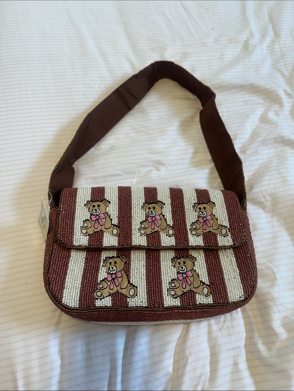 Francesca's Collections Brown & Cream Teddy Stripe Beaded Shoulder Bag